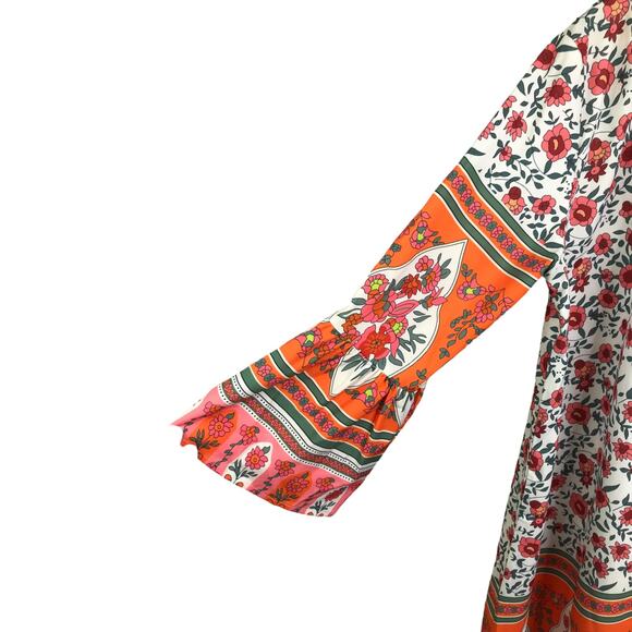 Made With Love Dress Womens M Orange Pink Floral VNeck Bell Sleeve Boho Cover Up - Picture 5 of 8